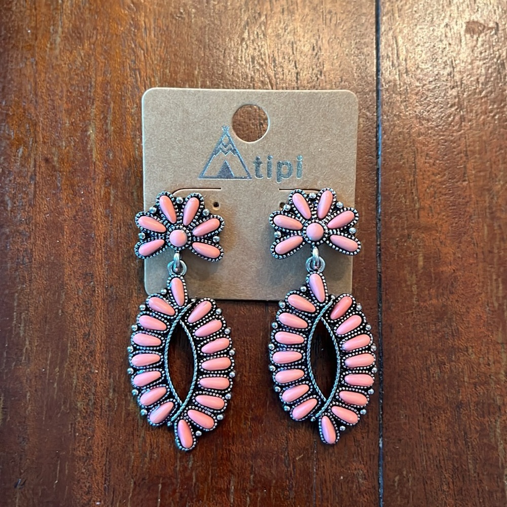 Boho Oval Blossom and Natural Coral Stone Earrings - Picture 4 of 10